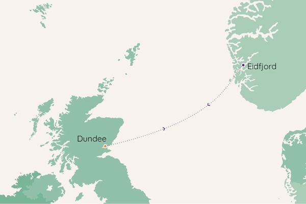 A map highlighting the cruise route from Dundee, Scotland, to Eidfjord, Norway, traversing the North Sea.