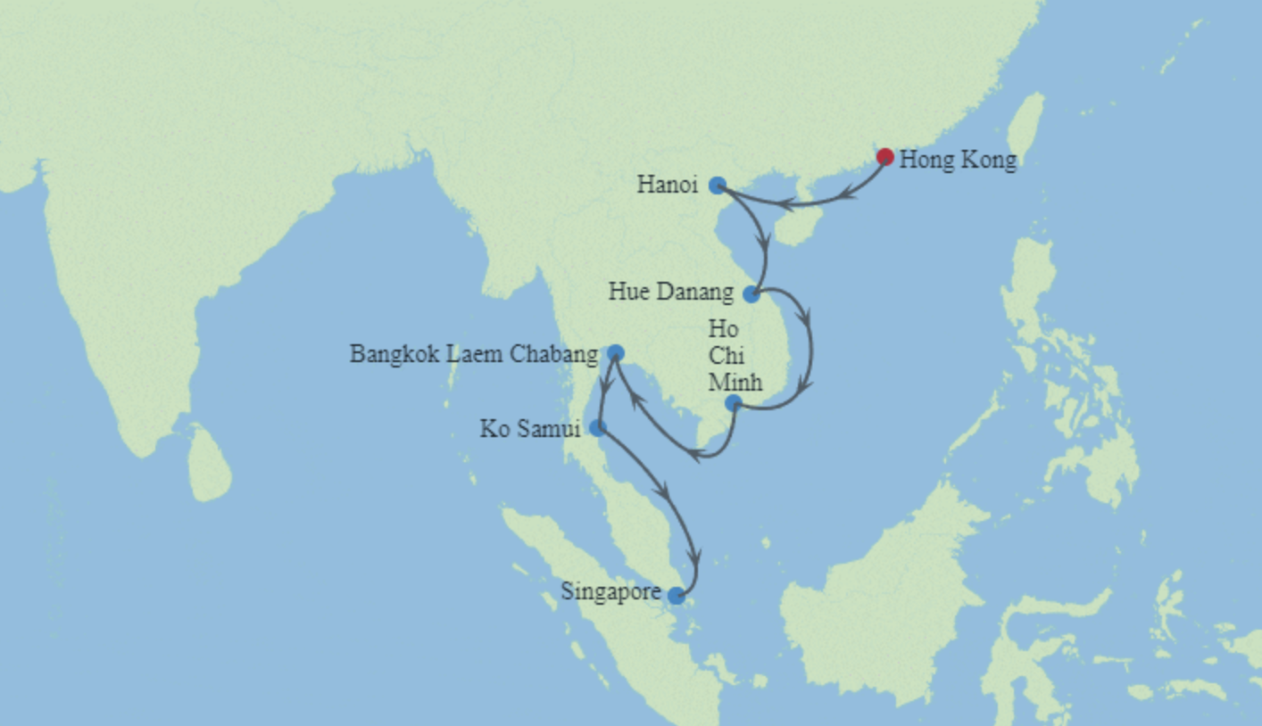 Illustrated map of the itinerary for this Celebrity Solsitce cruise from Hong Kong to Singapore, visiting Thailand and Vietnam.