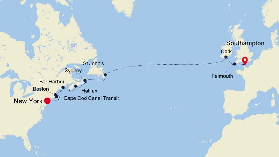 Map of Cruise New York to Southampton