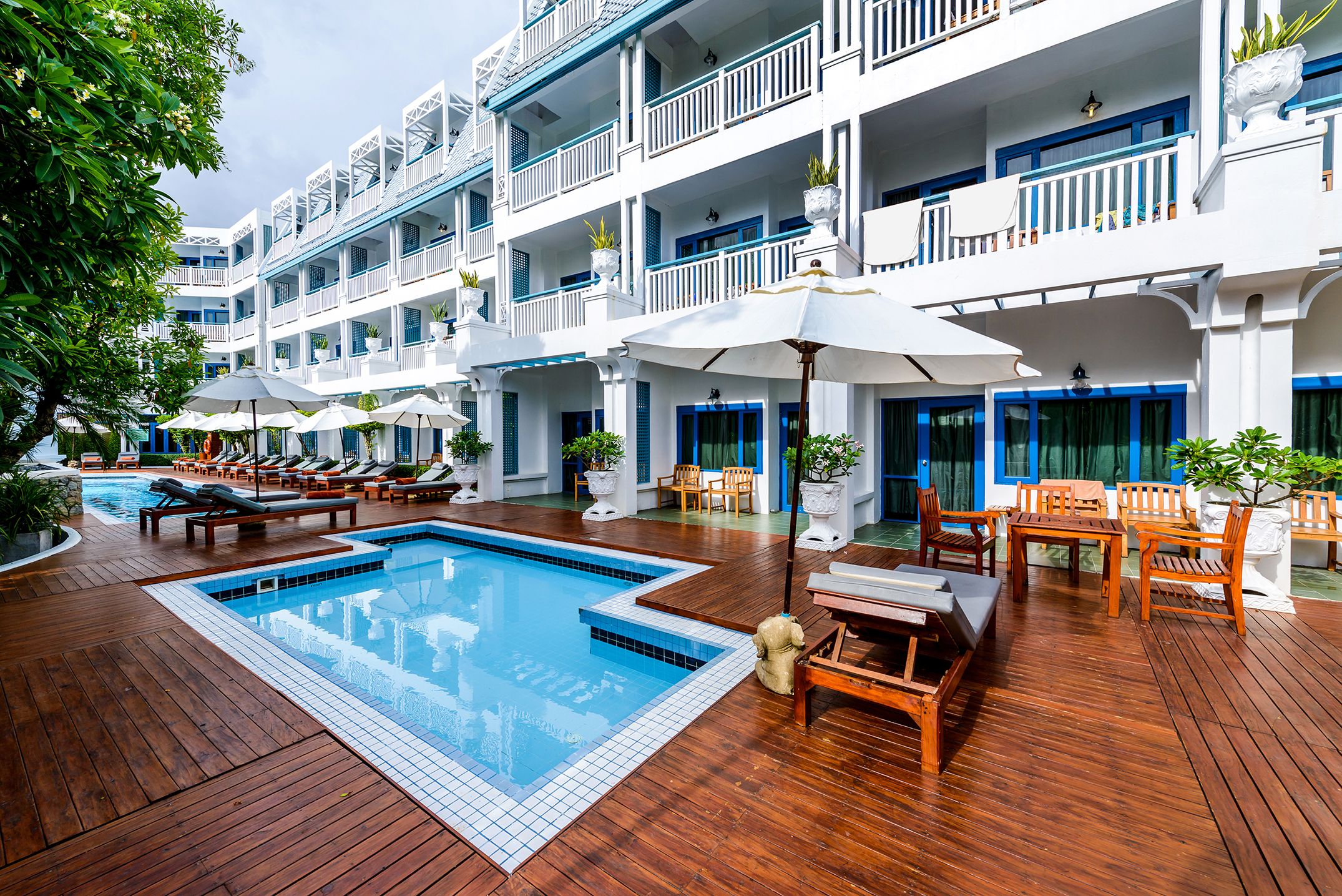 View of Andaman Seaview exterior showing deck, plunge pool and main pool as well as rooms. Third destination on the Thailand Qatar Adventure.