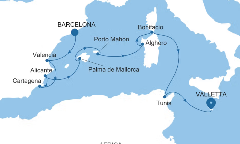 Map showing the itinerary for this Silversea Mediterranean Barcelona to Valetta Cruise