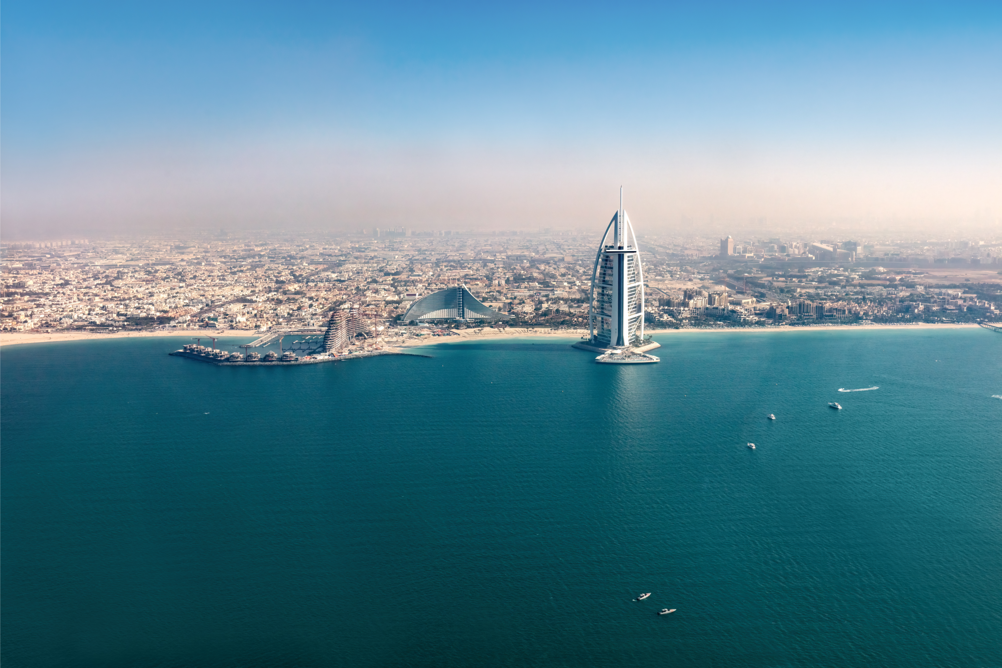 Aerial view of Dubai coast taken from above the sea